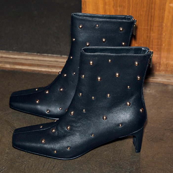 Black Leather Boots with Gold Studs featuring a square toe, thin block heel and gold back zip fastening.