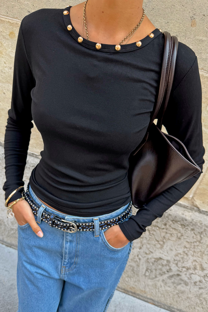 Black Stud Long Sleeve Rib Top
