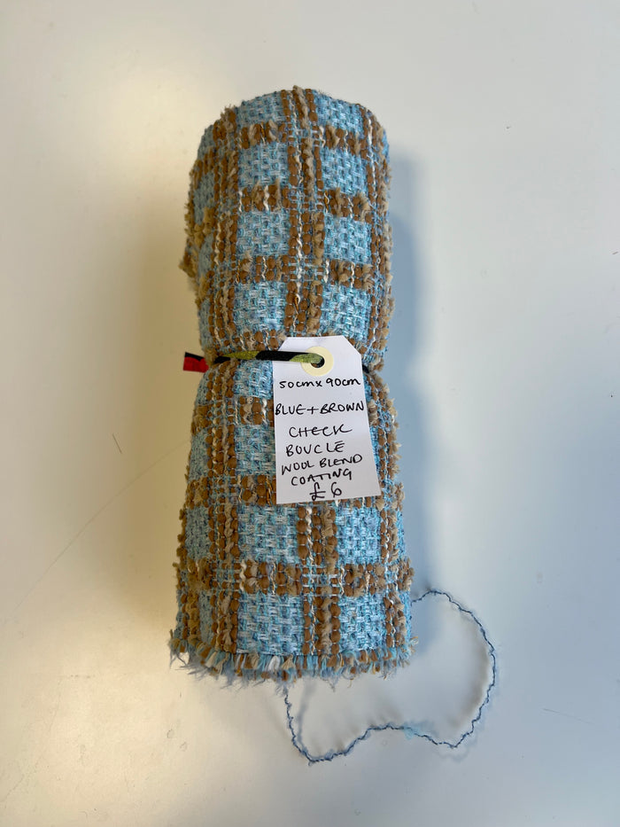 Blue + Brown Check Boucle Wool Blend Coating Remnant