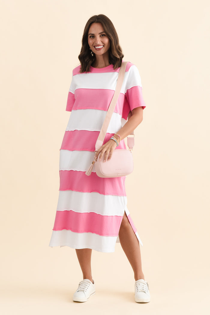 Bold Pink Stripe Cotton Tee Dress,Brunette model,alt text|model:MJ