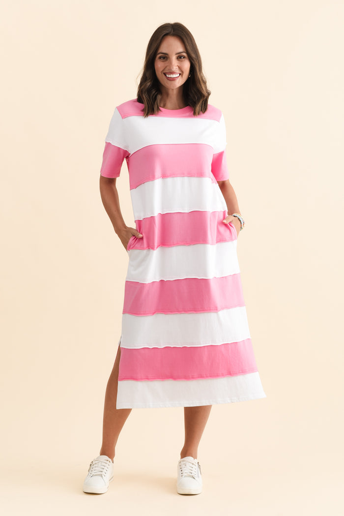 Bold Pink Stripe Cotton Tee Dress,Brunette model,alt text|model:MJ