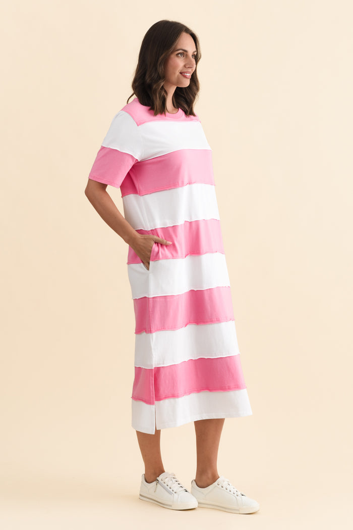 Bold Pink Stripe Cotton Tee Dress,Brunette model,alt text|model:MJ