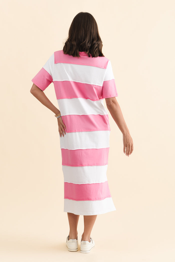 Bold Pink Stripe Cotton Tee Dress,Brunette model,alt text|model:MJ