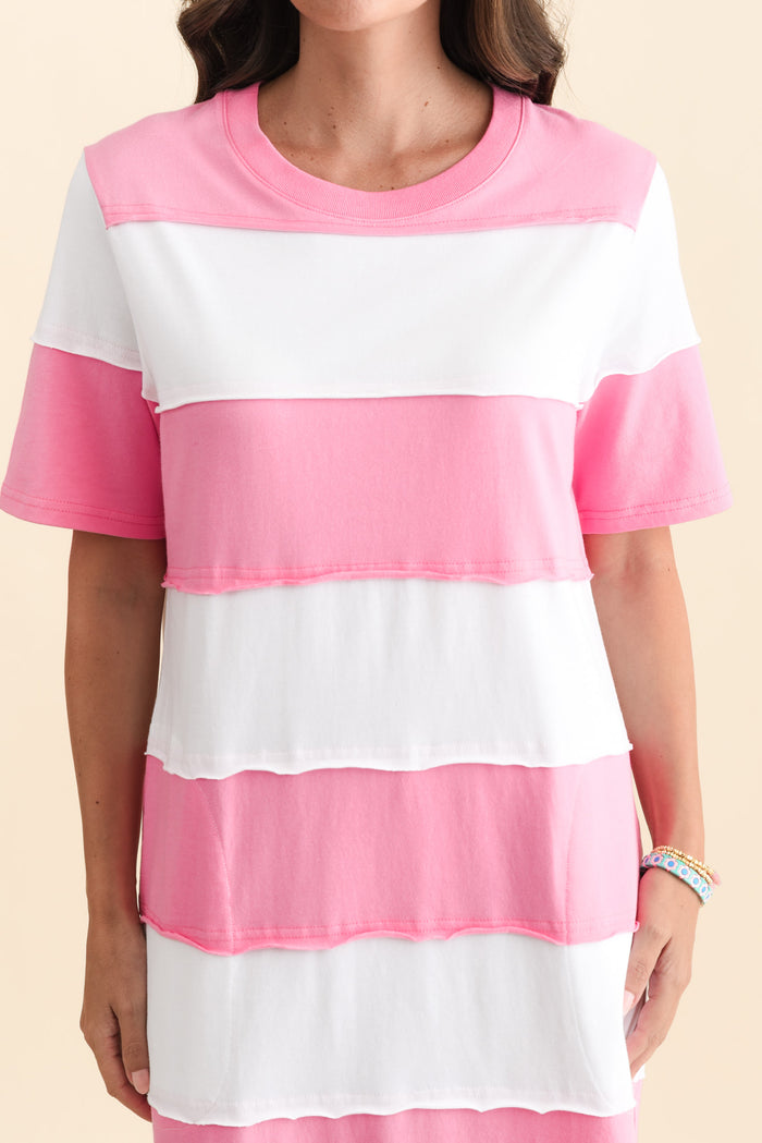 Bold Pink Stripe Cotton Tee Dress,Brunette model,alt text|model:MJ