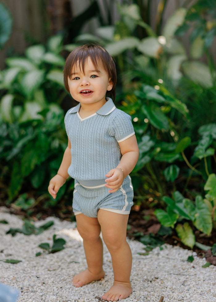 Boys Cable Knit 2 Piece Set – Blue/Ivory – Keepsake Collection