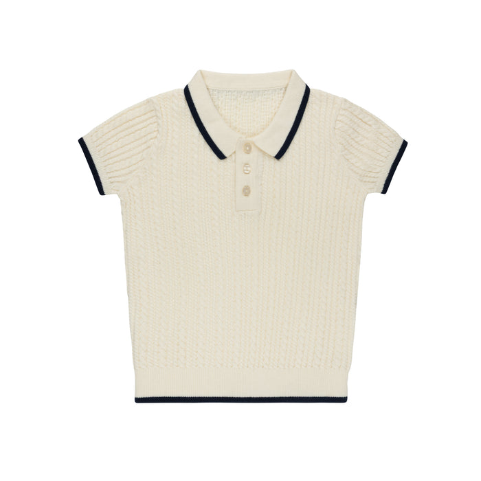Boys Cable Knit Polo – Ivory/Navy – Keepsake Collection