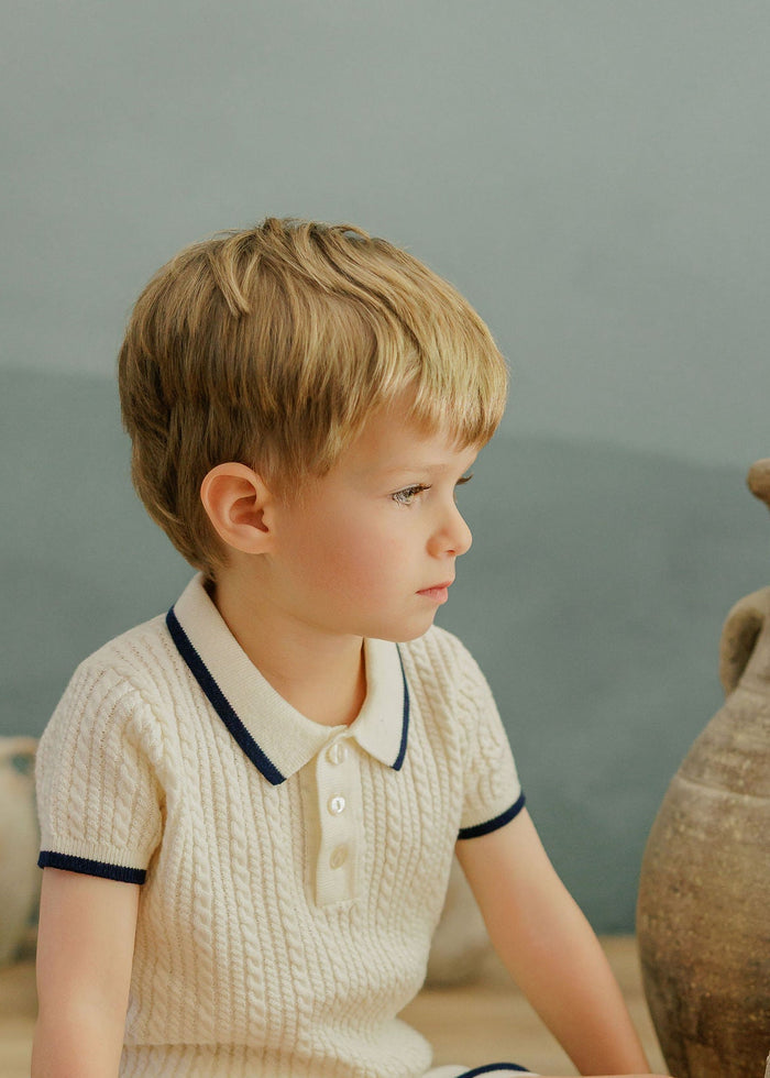 Boys Cable Knit Polo – Ivory/Navy – Keepsake Collection