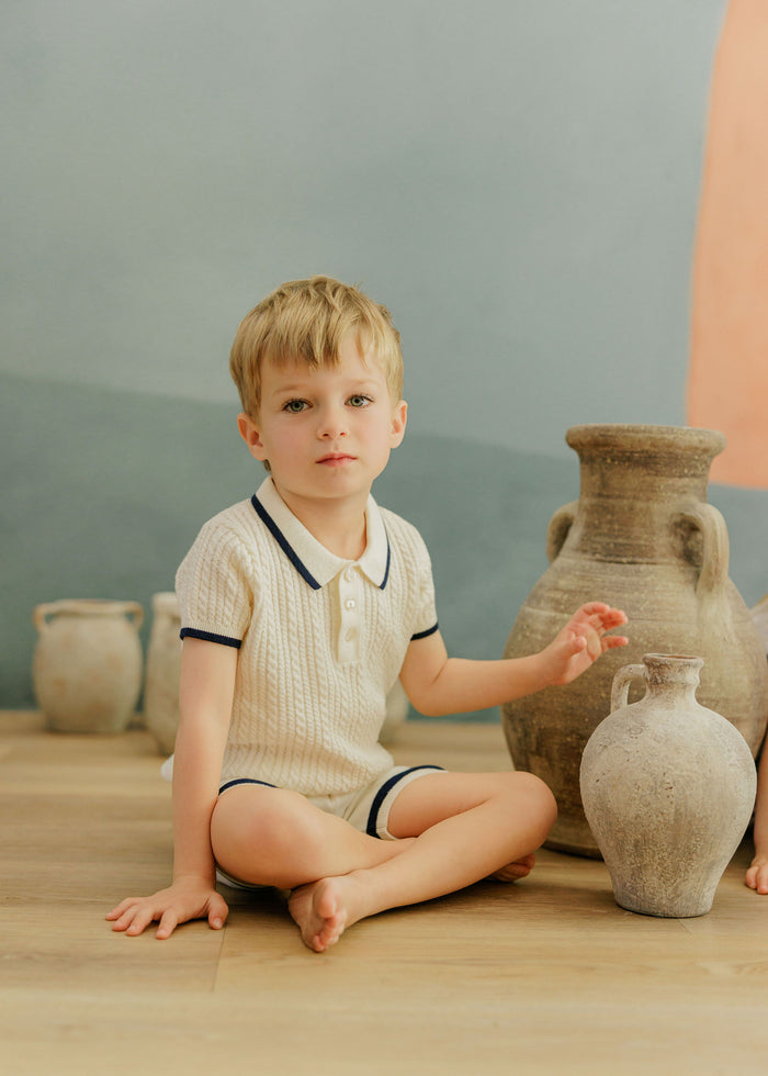 Boys Cable Knit Polo – Ivory/Navy – Keepsake Collection