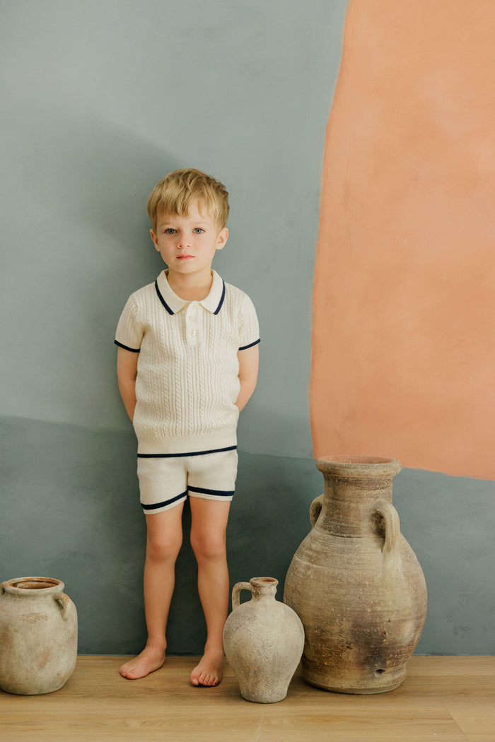 Boys Cable Knit Polo – Ivory/Navy – Keepsake Collection