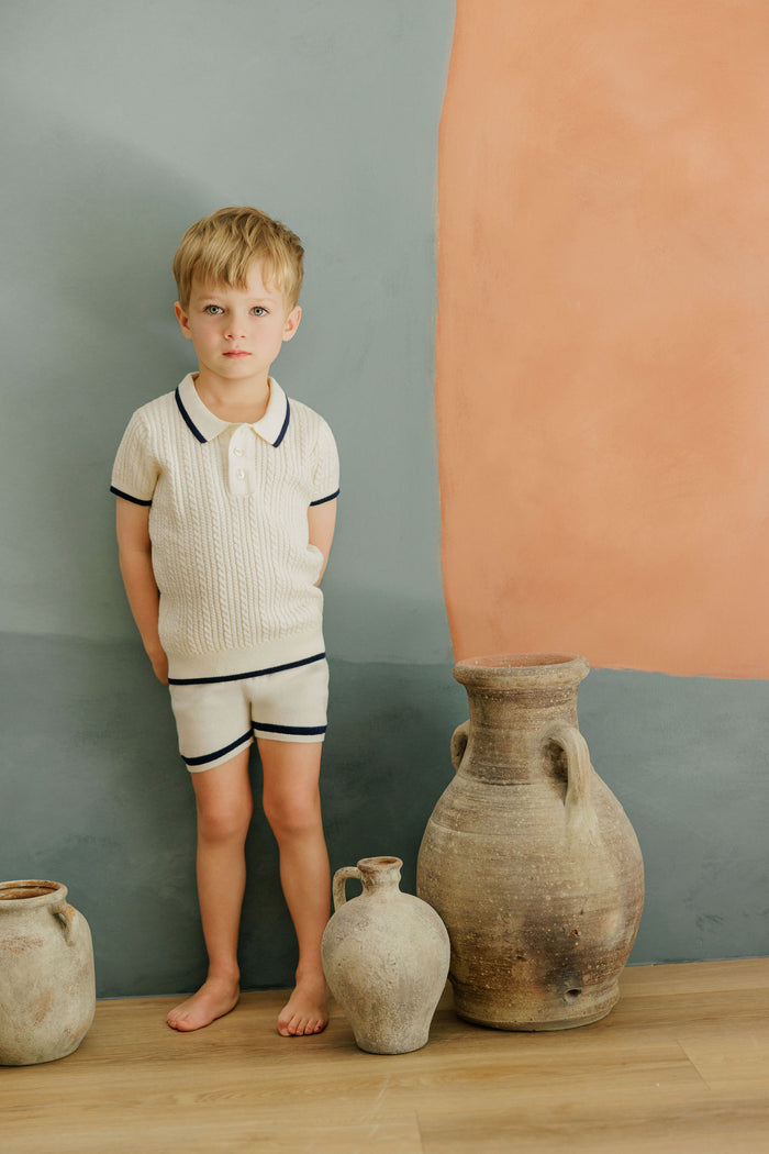 Boys Cable Knit Polo – Ivory/Navy – Keepsake Collection