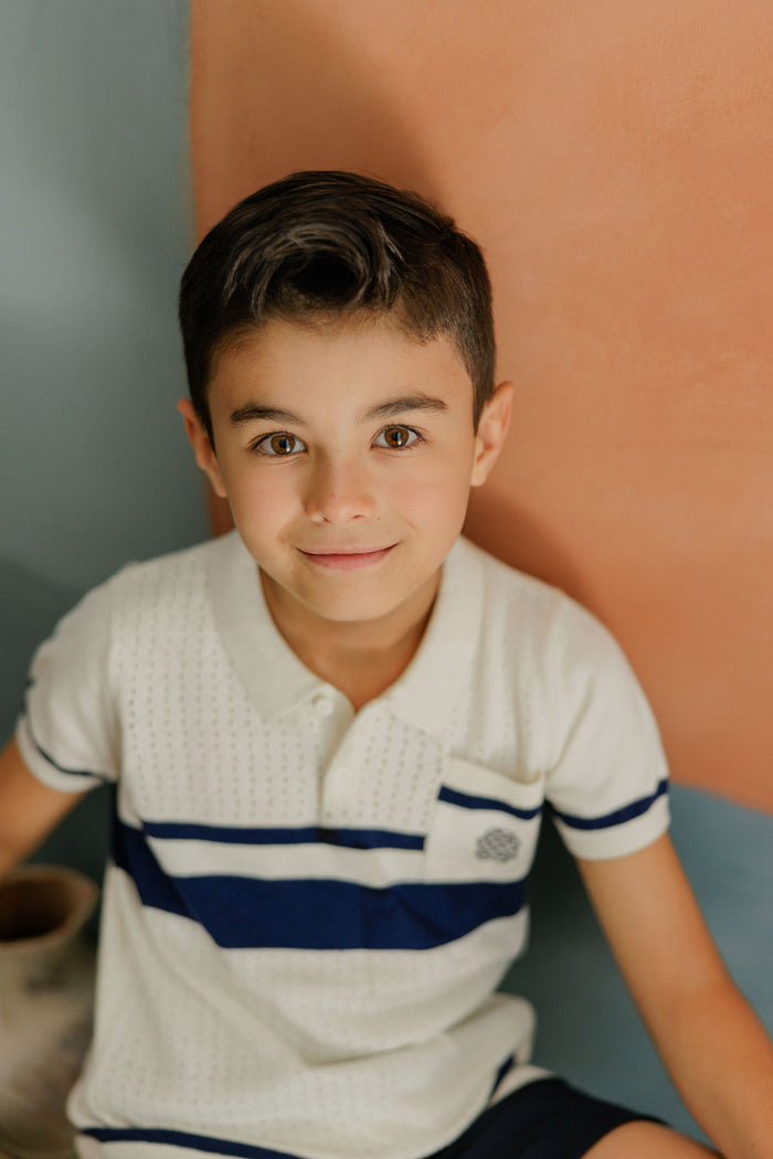 Boys Mesh Knit Polo – Ivory – Storybook Collection