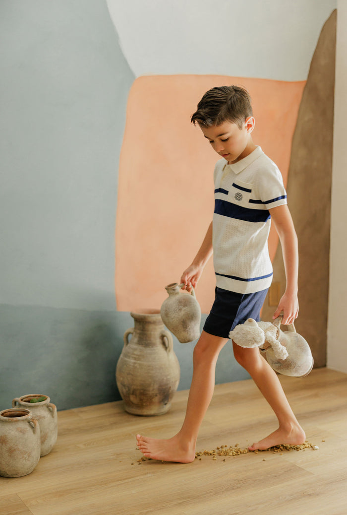 Boys Mesh Knit Polo – Ivory – Storybook Collection