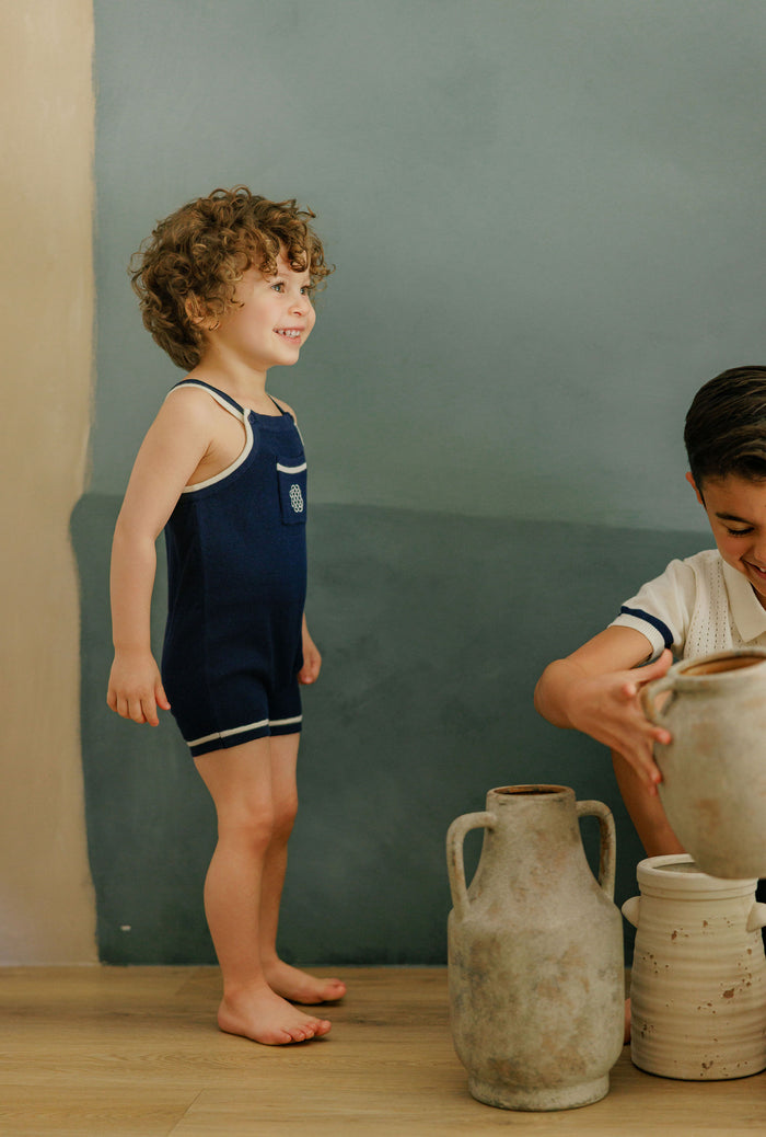 Boys Mesh Knit Romper – Navy – Storybook Collection