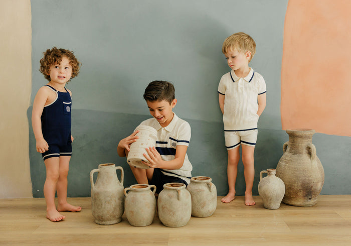 Boys Mesh Knit Romper – Navy – Storybook Collection