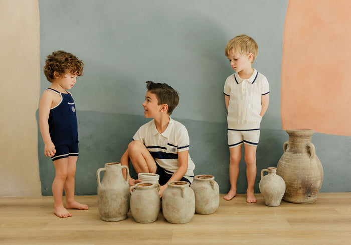 Boys Mesh Knit Romper – Navy – Storybook Collection