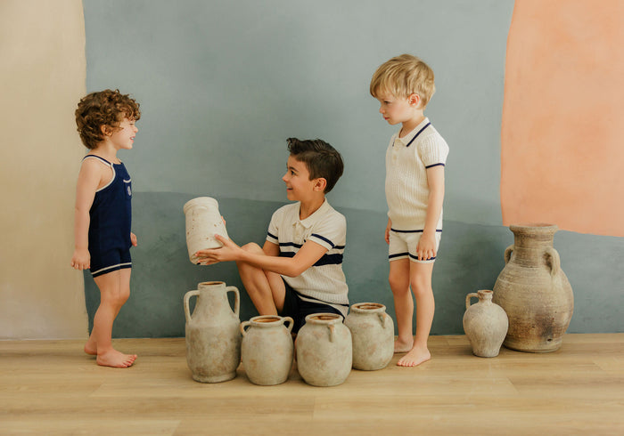 Boys Mesh Knit Romper – Navy – Storybook Collection