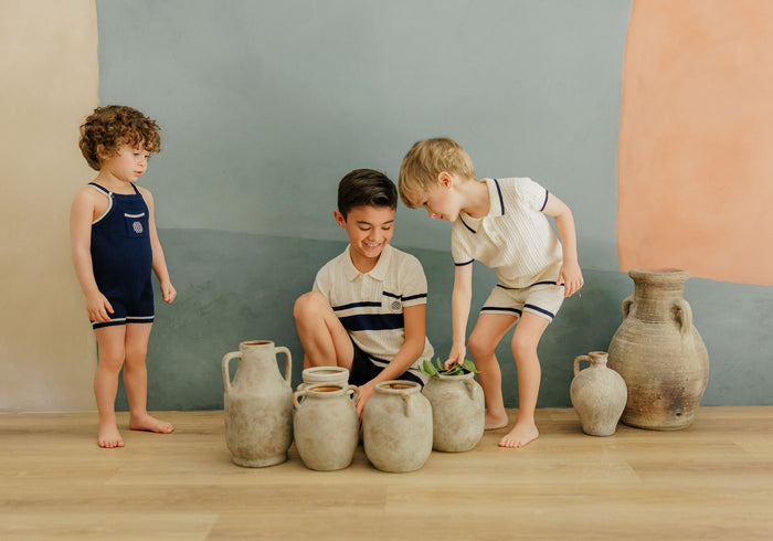 Boys Mesh Knit Romper – Navy – Storybook Collection