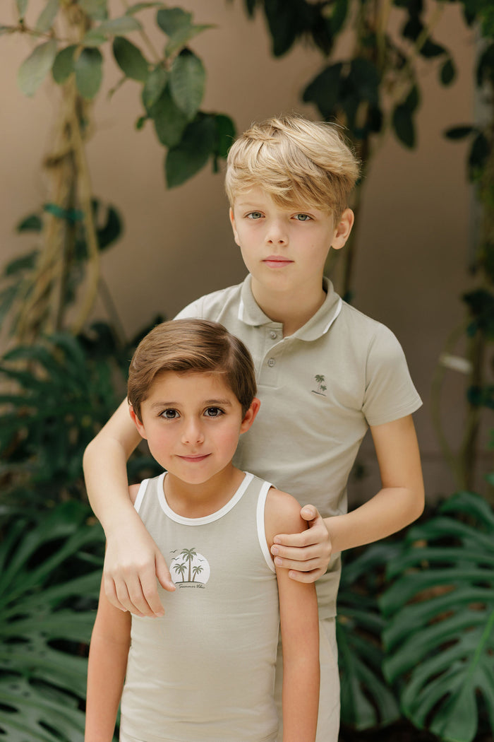 Boys Polo - Sage - Embroidered Palm Trees
