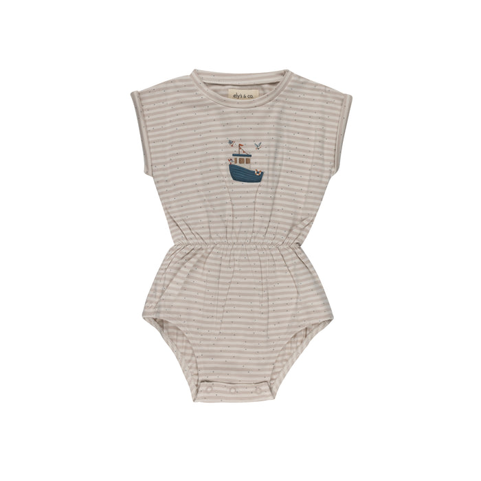 Boys Romper - Tan - Nautical Stripe