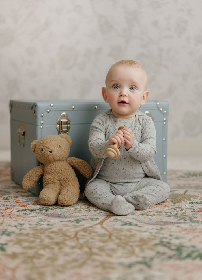 Boys Romper – Blue – Floral Rib ( Cardigan sold separately)
