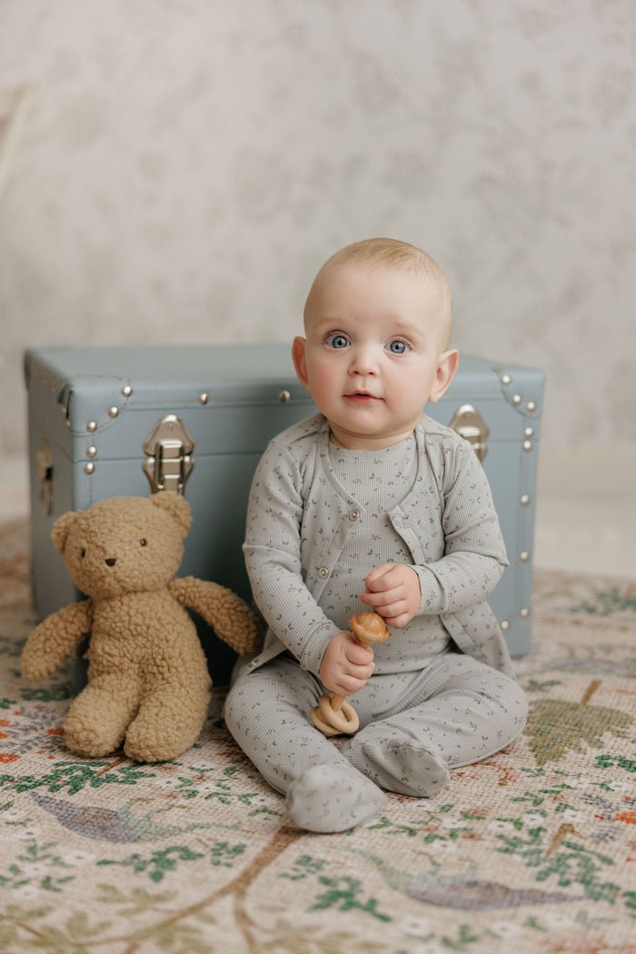 Boys Romper – Blue – Floral Rib ( Cardigan sold separately)