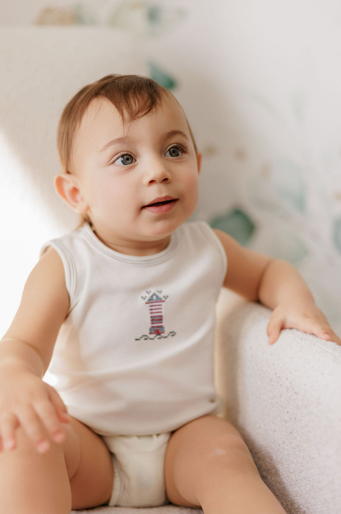 Boys Romper – Ivory Blue – Cross Stitch Lighthouse