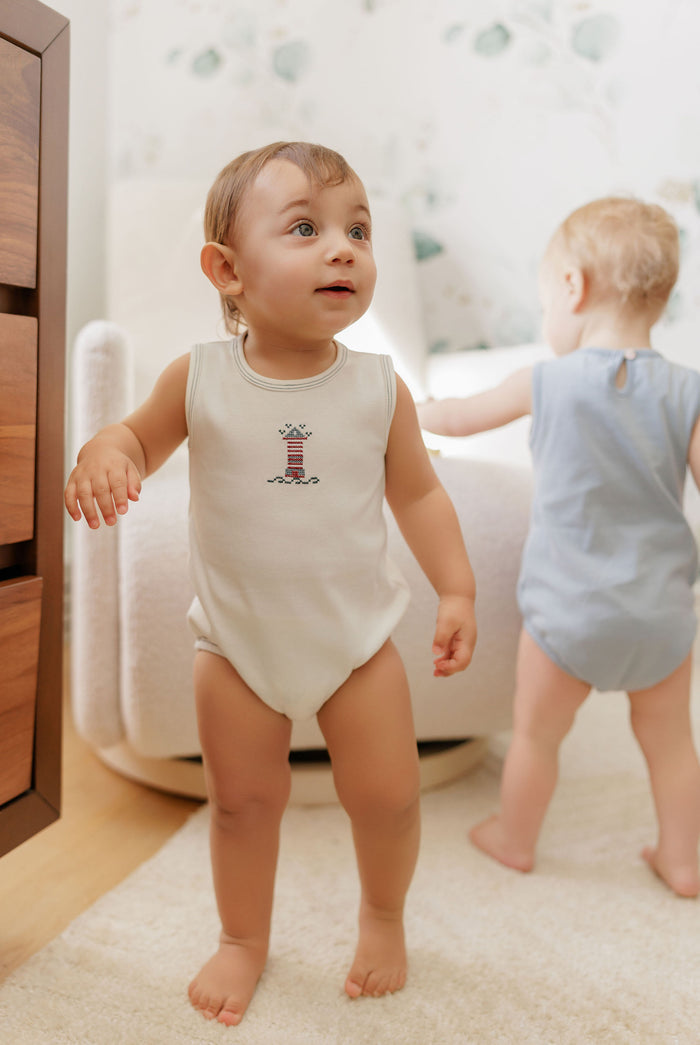 Boys Romper – Ivory Blue – Cross Stitch Lighthouse