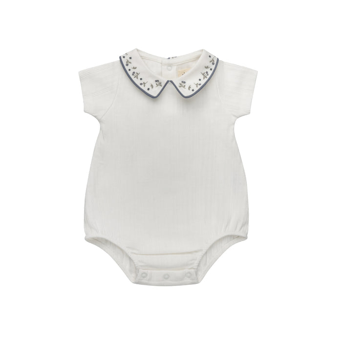 Boys Romper – Ivory Blue – Embroidered Collar