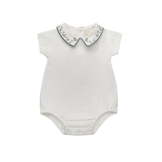Boys Romper – Ivory Blue – Embroidered Collar
