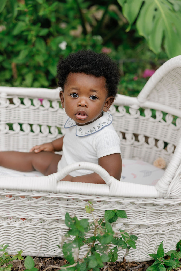 Boys Romper – Ivory Blue – Embroidered Collar