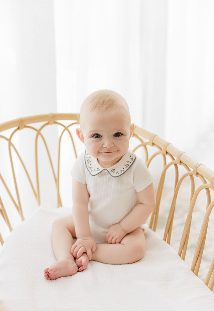 Boys Romper – Ivory Blue – Embroidered Collar