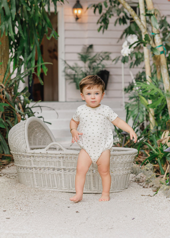 Boys Romper – Ivory Blue – Floral Pointelle