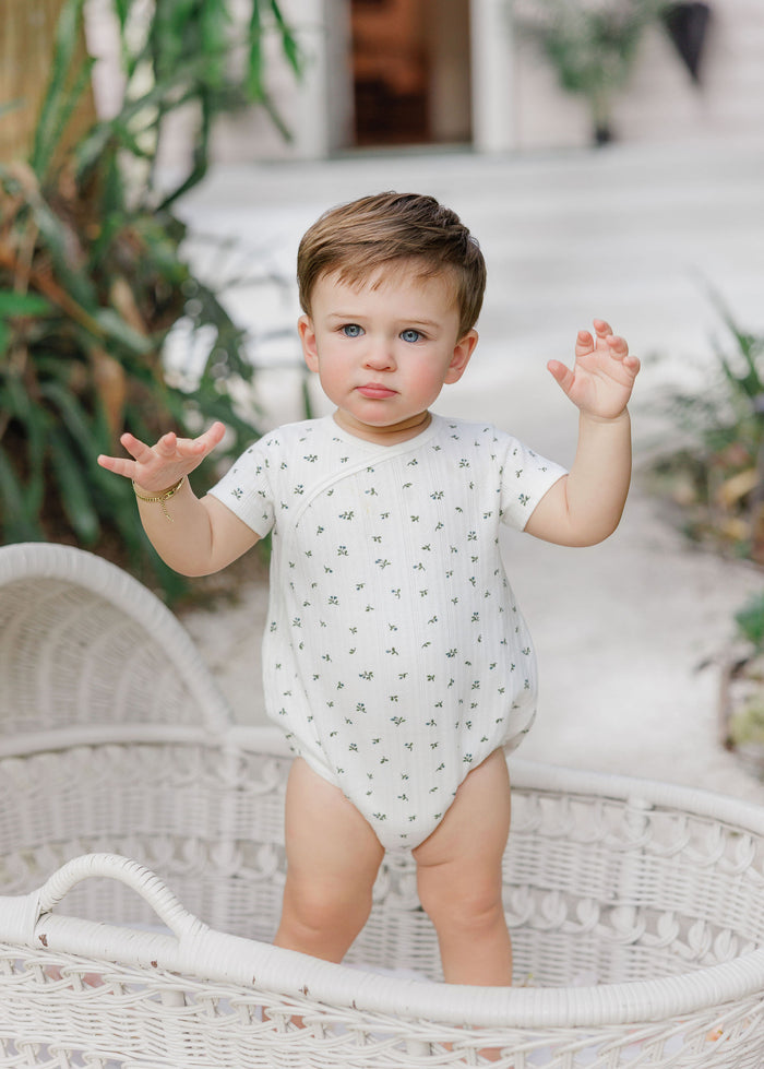 Boys Romper – Ivory Blue – Floral Pointelle