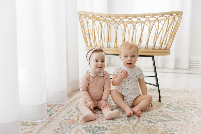Boys Romper – Ivory Blue – Floral Pointelle