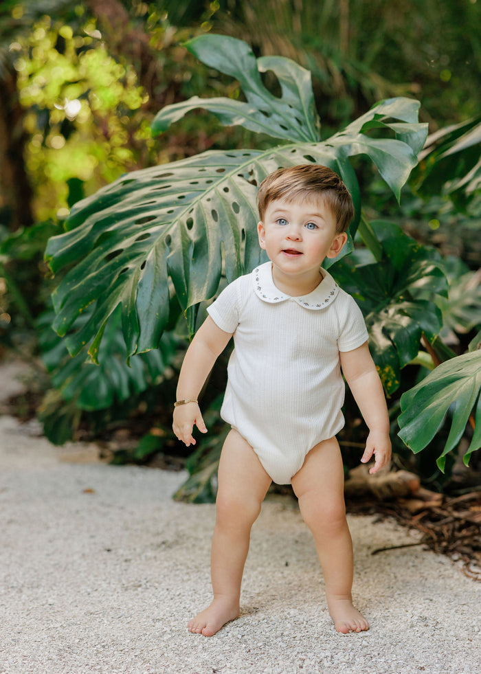 Boys Romper – Ivory/Blue – Keepsake Collection