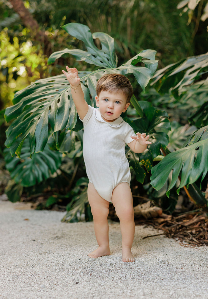 Boys Romper – Ivory/Blue – Keepsake Collection