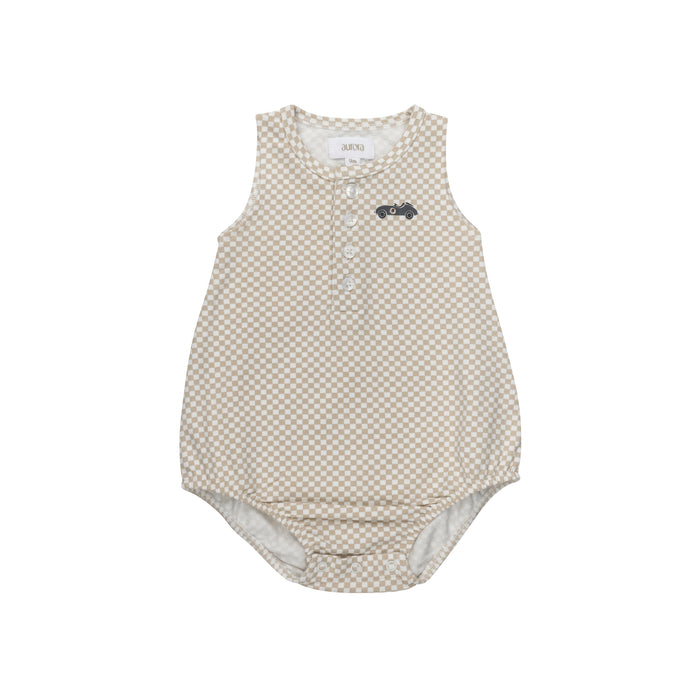 Boys Romper – Tan – Checked Race Car