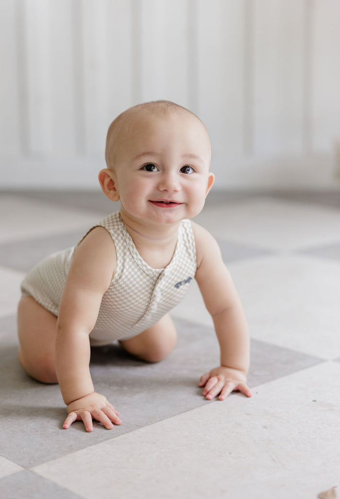 Boys Romper – Tan – Checked Race Car