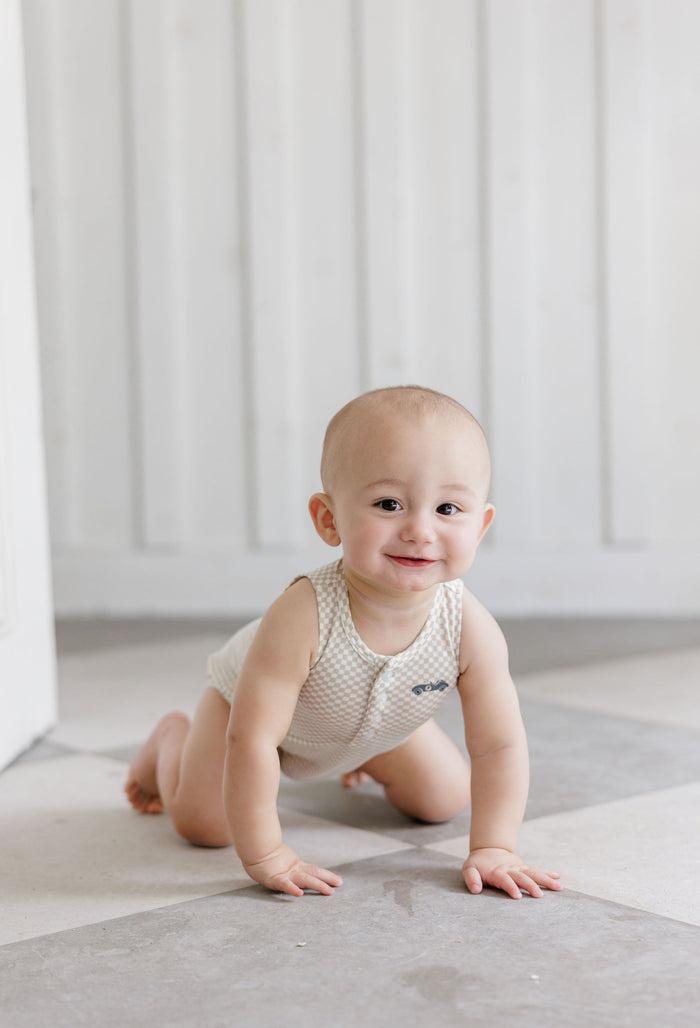 Boys Romper – Tan – Checked Race Car