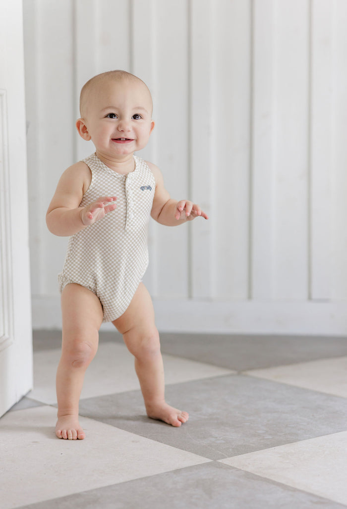 Boys Romper – Tan – Checked Race Car