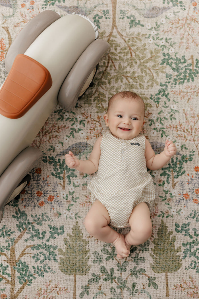 Boys Romper – Tan – Checked Race Car