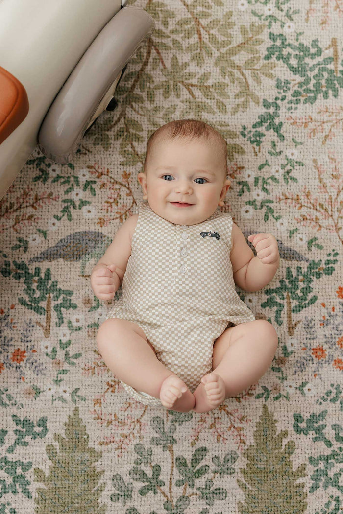 Boys Romper – Tan – Checked Race Car