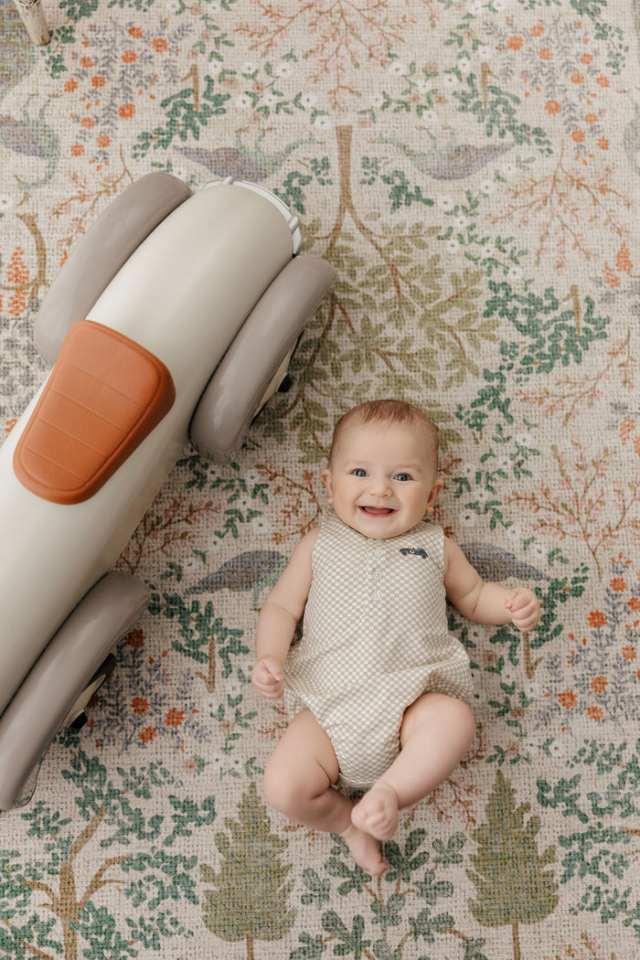Boys Romper – Tan – Checked Race Car