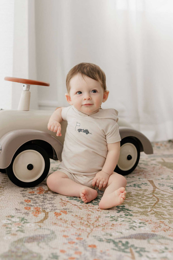 Boys Romper – Tan – Race Car