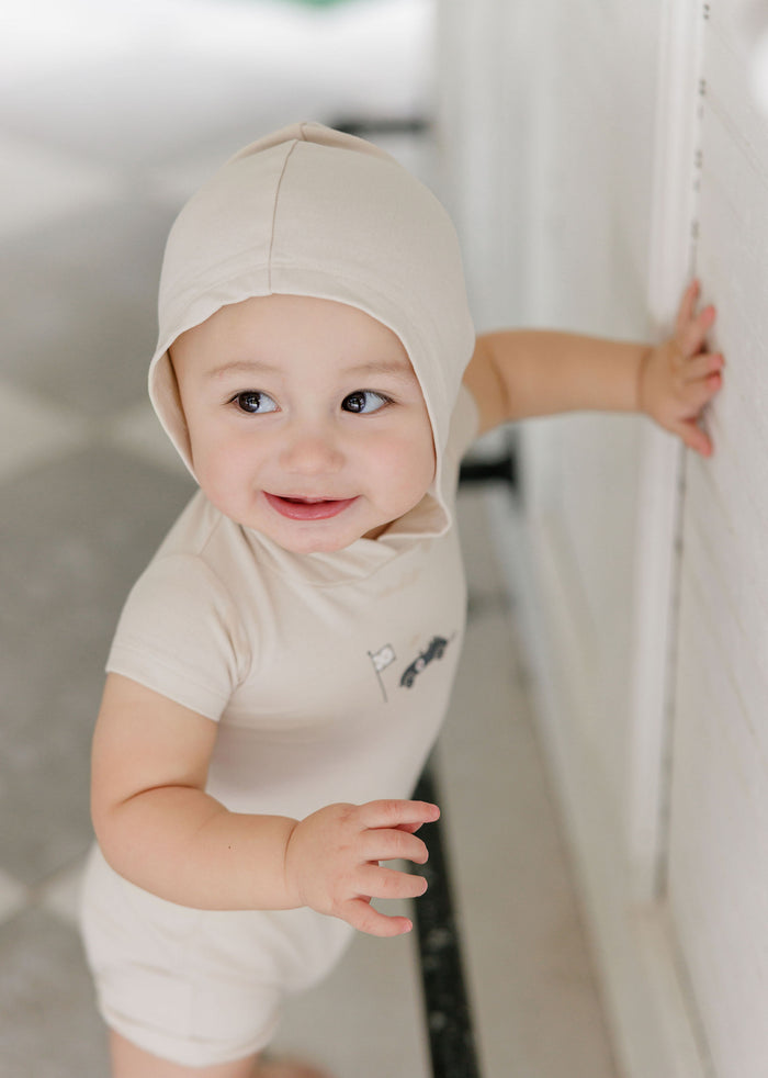 Boys Romper – Tan – Race Car
