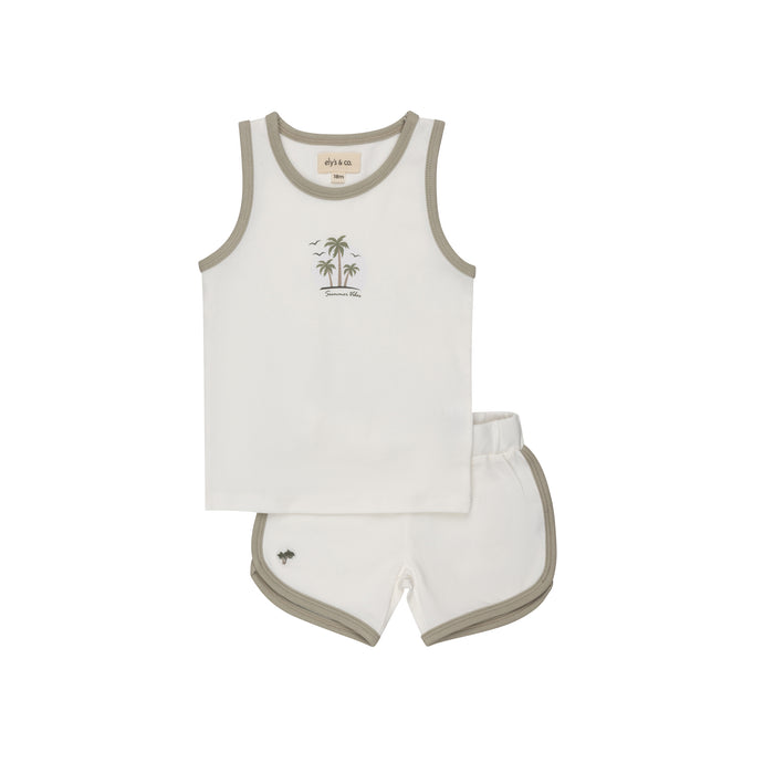 Boys Tank and Shorts - Ivory - Printed Palm Trees