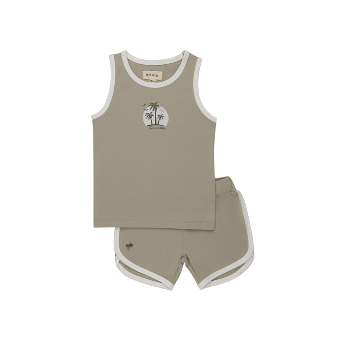 Boys Tank and Shorts - Sage - Printed Palm Trees