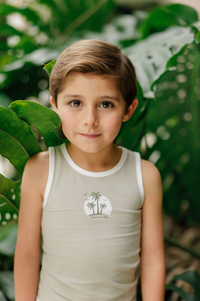 Boys Tank and Shorts - Sage - Printed Palm Trees