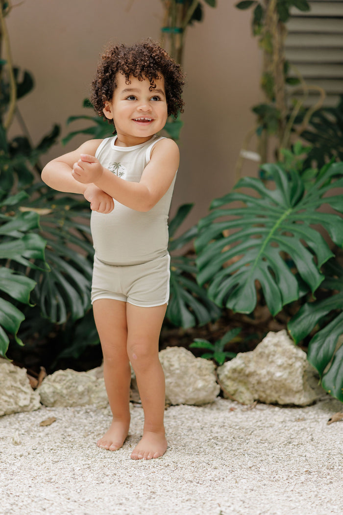 Boys Tank and Shorts - Sage - Printed Palm Trees