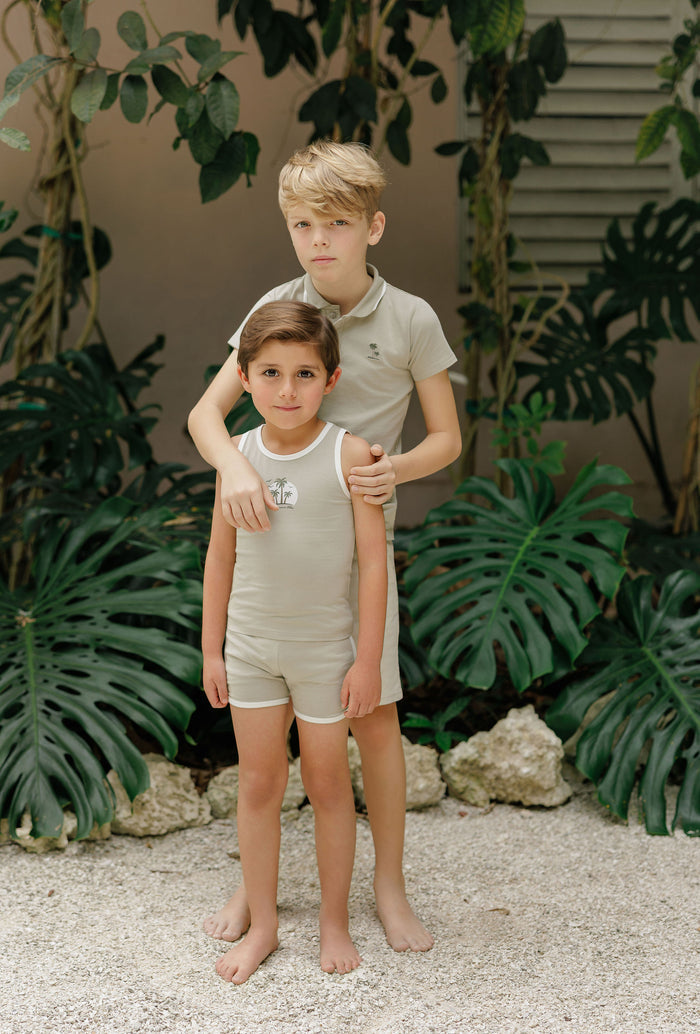 Boys Tank and Shorts - Sage - Printed Palm Trees